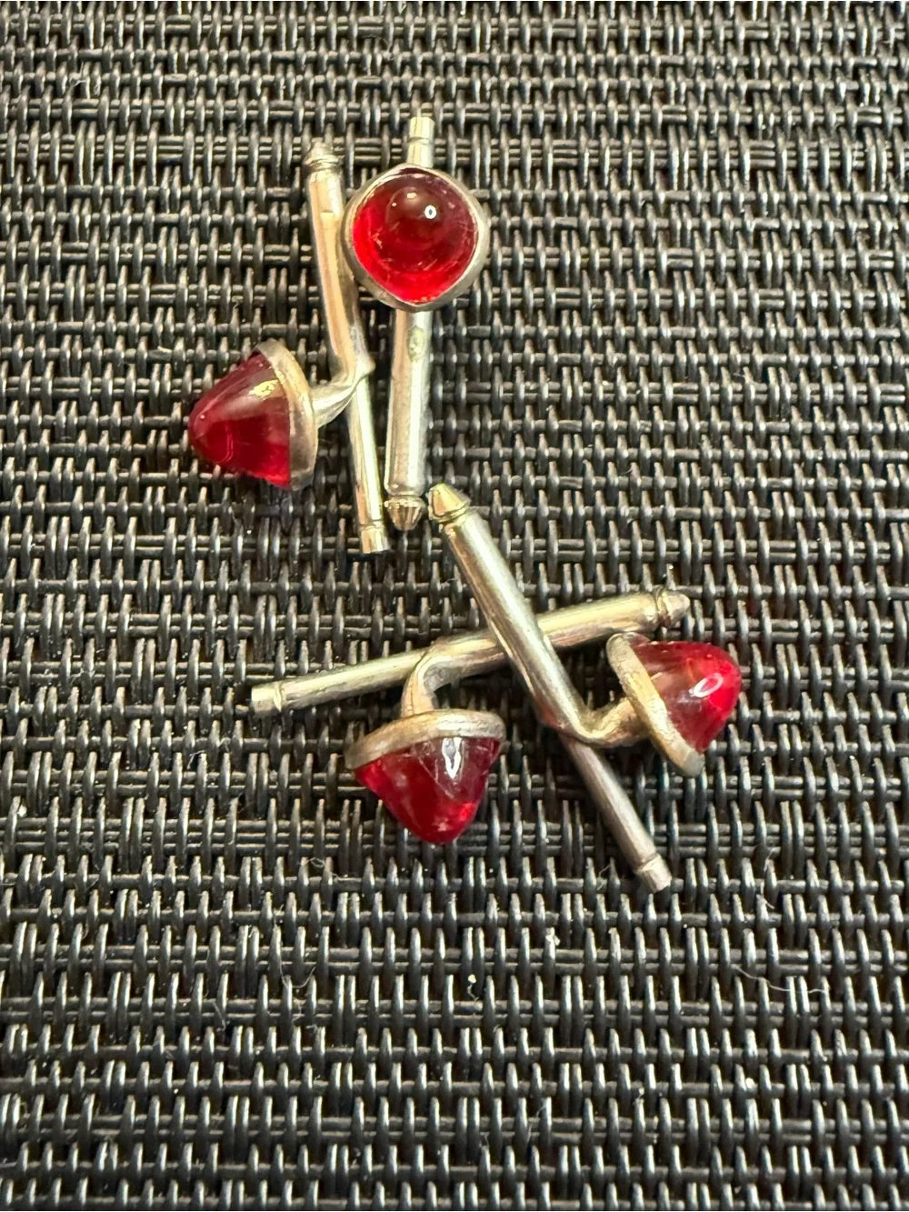 Vintage Red Cabochon Tuxedo Shirt Studs Set of 4 Silver Tone Formal Menswear